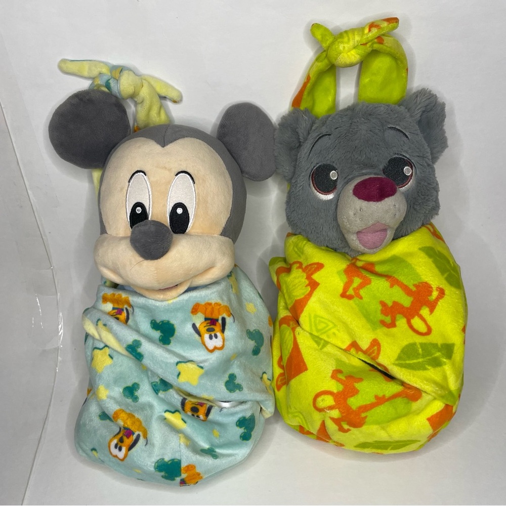 Lot of 2 Disney Babies Mickey Mouse + Jungle Book Baloo Plush w/ Pouch 11"